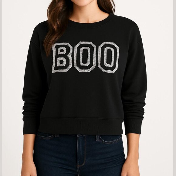 Cynthia Rowley Women's Black Sequin BOO Long Sleeve Rayon Sweatshirt Size S NWT - Picture 1 of 15